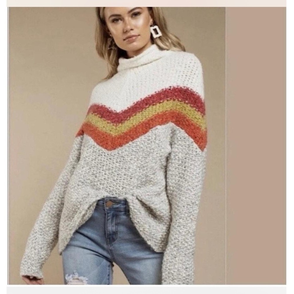 Free People Turn Around Chunky Knit Sweater Sz M Chevron Boho Fisherman Oversize